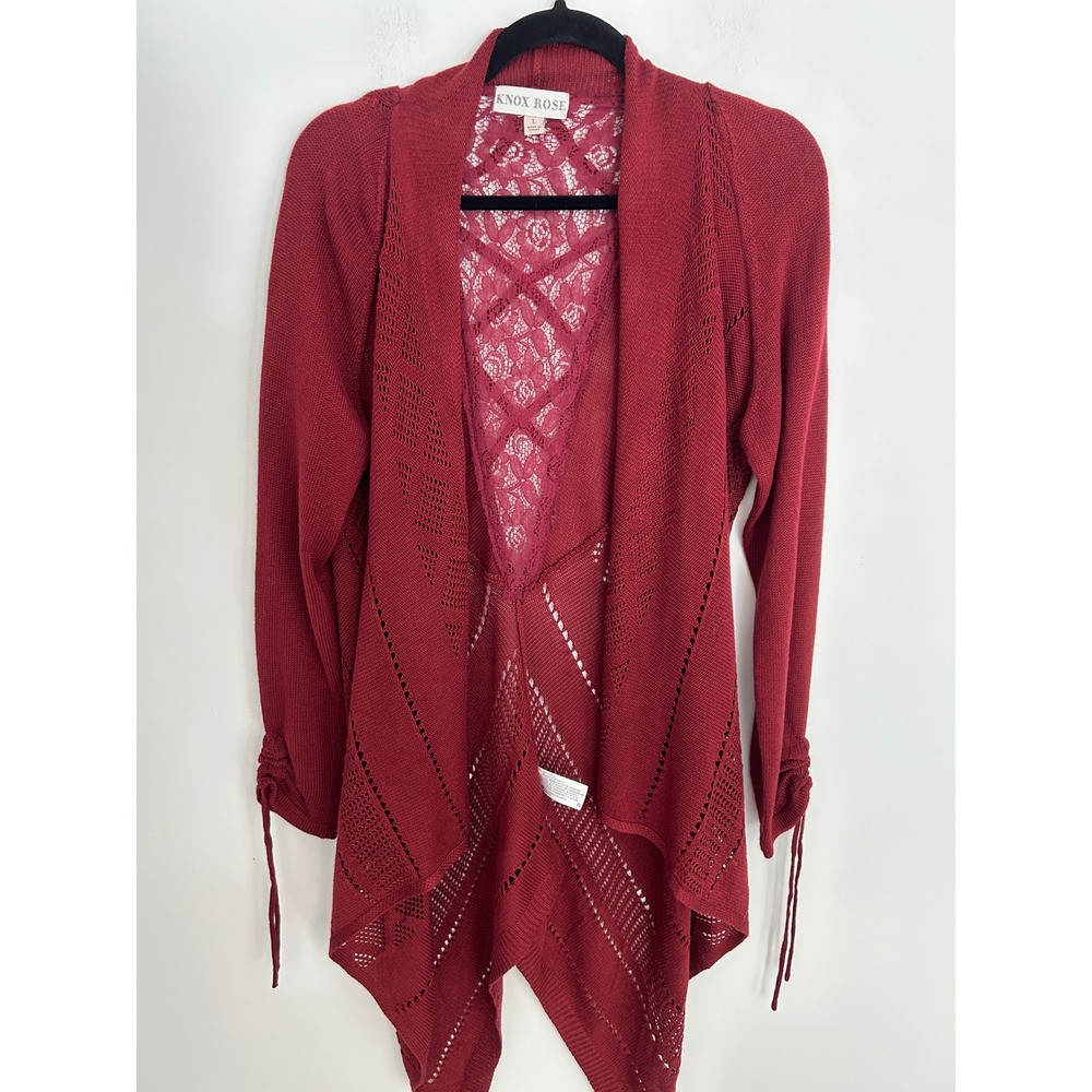 Knox Rose Burgundy Lace Back Open Front Cardigan Pointelle Handkerchief Hem L